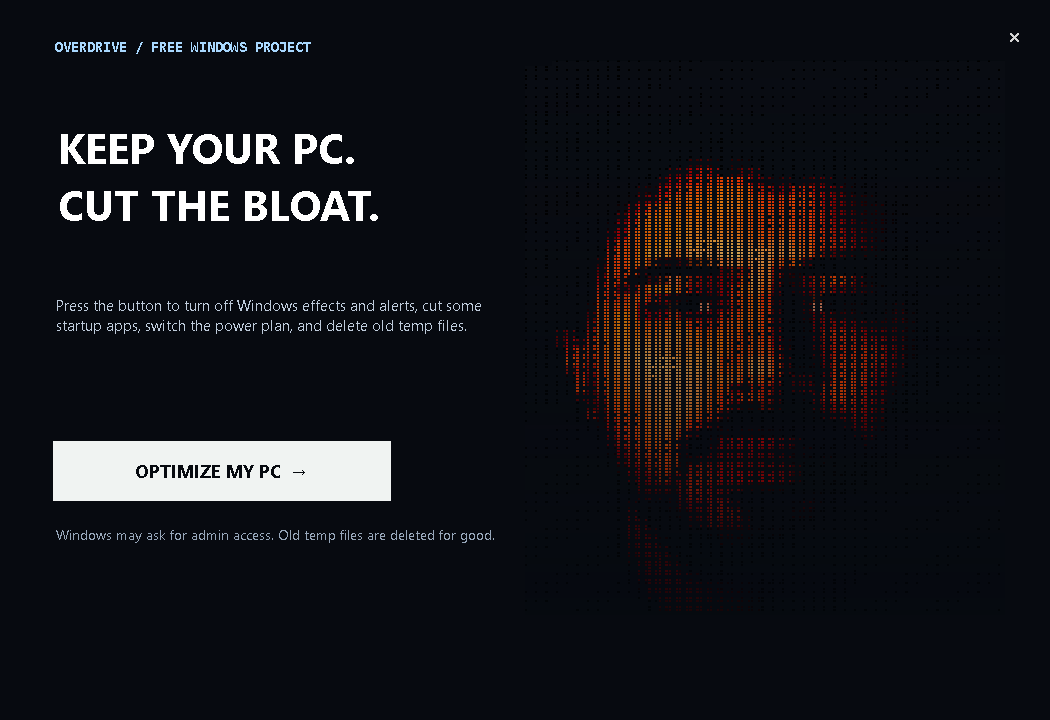 OVERDRIVE Windows app with one Optimize My PC button